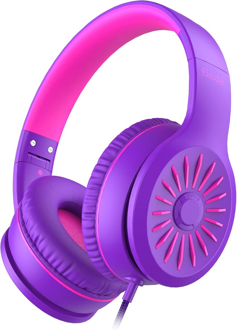 ELECDER i45 Headphones Wired, On-Ear Headphones with Microphone, Foldable Stereo Bass, 1.5M No-Tangle Cord, Portable 3.5MM Headset for School Kids Teens Smartphones Computer PC Tablet Travel, Purple - Image 1